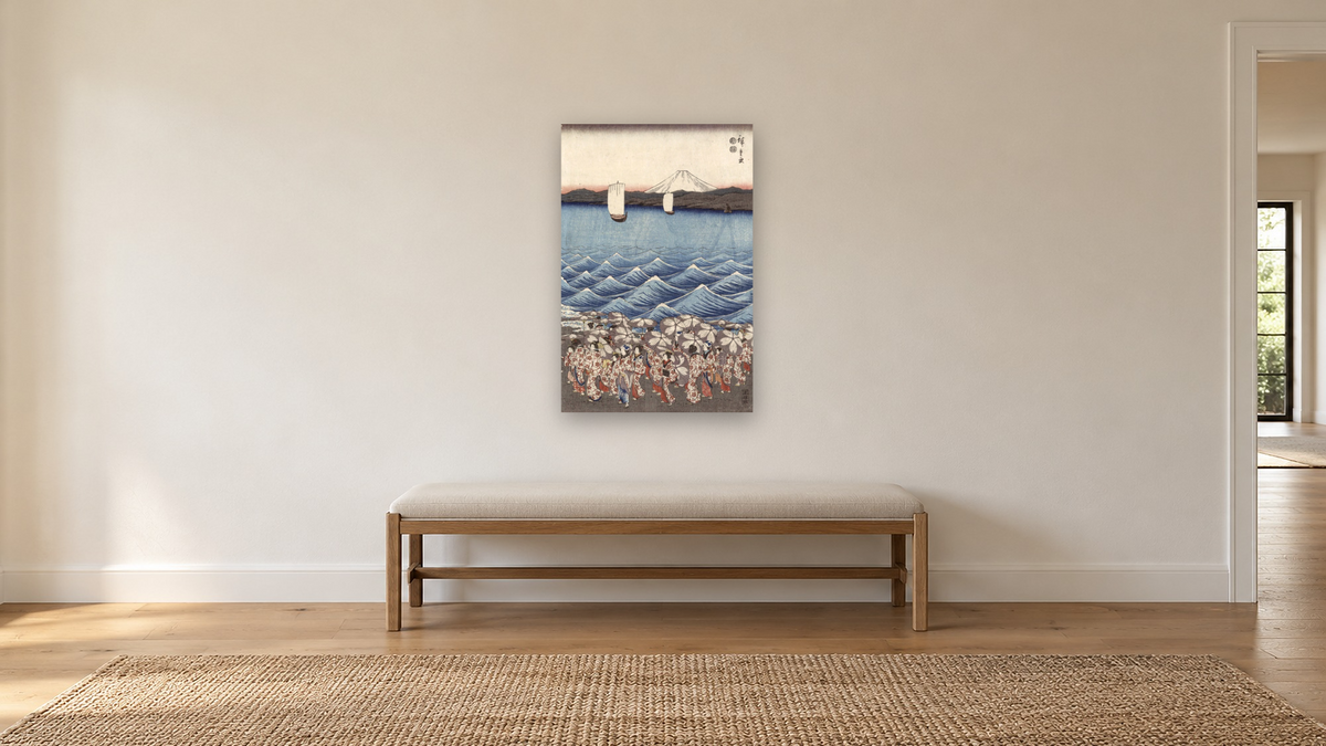 Opening Celebration of Benzaiten Shrine at Enoshima by Andō Hiroshige, shown at 28 × 42 in (71.1 × 106.7 cm) as gallery-wrapped canvas, hallway