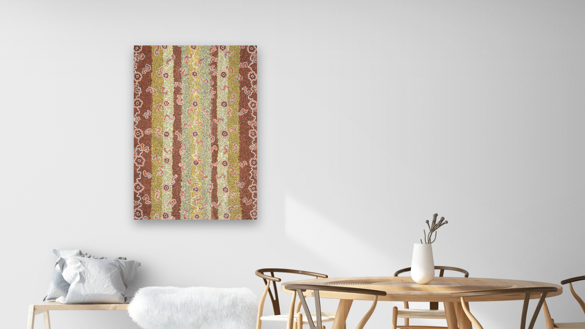 Flying Ant Dreaming by Clifford Possum Tjapaltjarri, shown at 28 × 42 in (71.1 × 106.7 cm) as gallery-wrapped canvas, dining