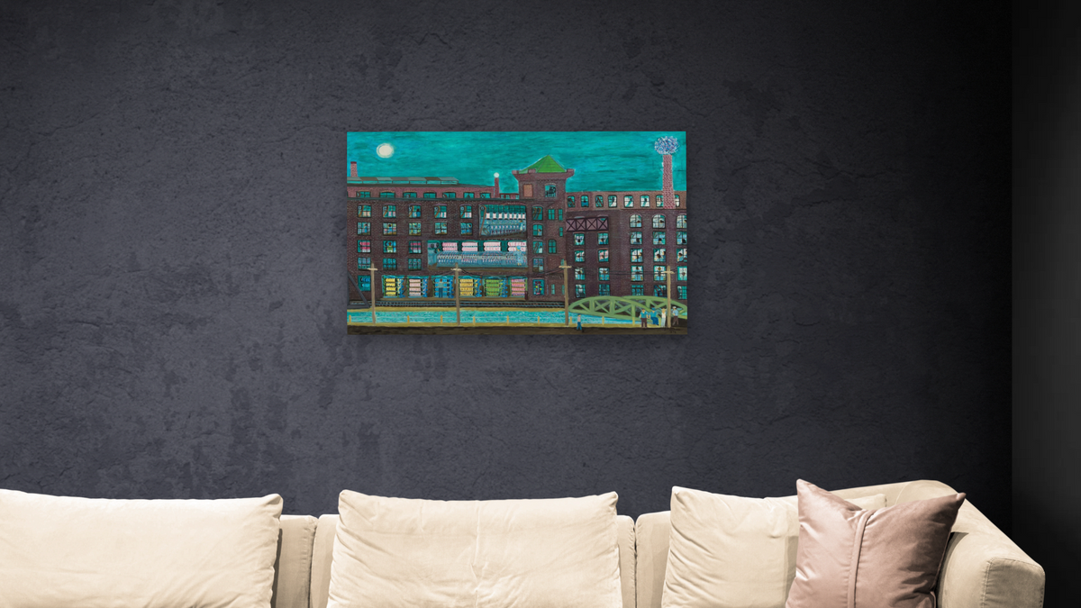 Mill Workers - Night Shift #2 by Ralph Fasanella, shown at 28 × 42 in (71.1 × 106.7 cm) as gallery-wrapped canvas, living