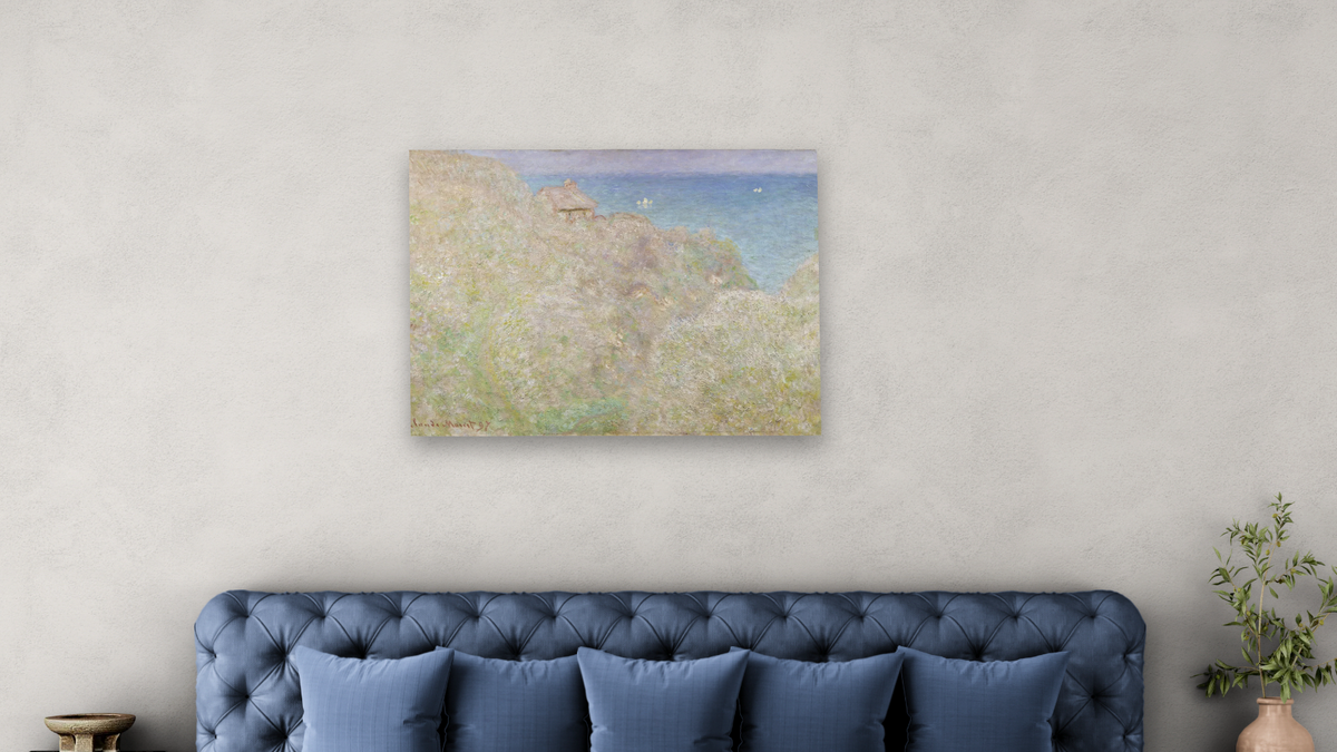 Cliffs at Varengeville by Claude Monet, shown at 30 × 40 in (76.2 × 101.6 cm) as gallery-wrapped canvas, bedroom