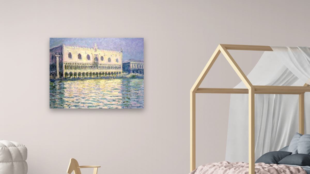 The Ducal Palace, Venice by Claude Monet, shown at 32 × 40 in (81.3 × 101.6 cm) as gallery-wrapped canvas, bedroom