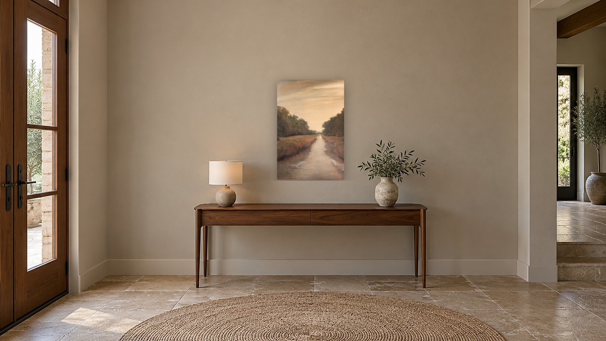 Overcast by Donald Darst, shown at 28 × 42 in (71.1 × 106.7 cm) as gallery-wrapped canvas, hallway