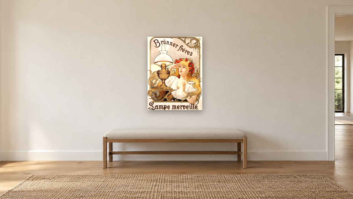 Brunner Freres Austrian Advertising Poster, shown at 30 × 40 in (76.2 × 101.6 cm) as gallery-wrapped canvas, hallway