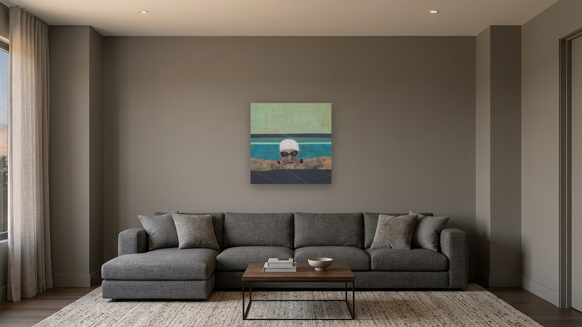 Between Laps by Dobee Snowber, shown at 32 × 32 in (81.3 × 81.3 cm) as gallery-wrapped canvas, media room
