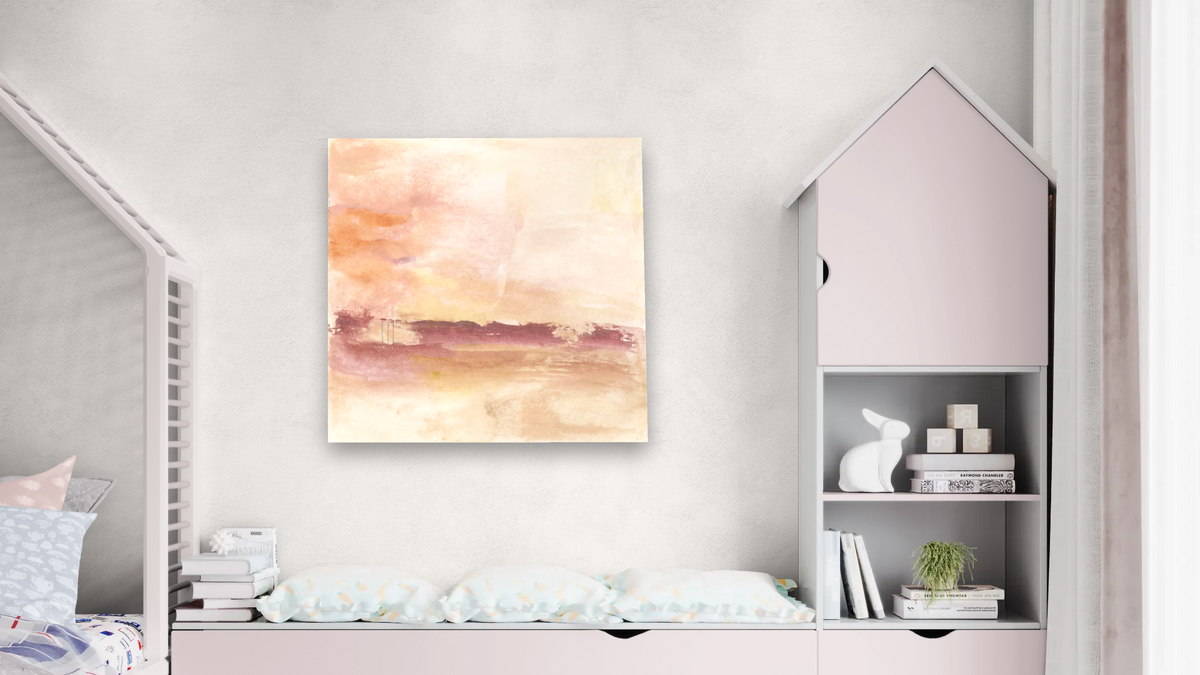 No. 332 by Michelle Oppenheimer, shown at 32 × 32 in (81.3 × 81.3 cm) as gallery-wrapped canvas, bedroom