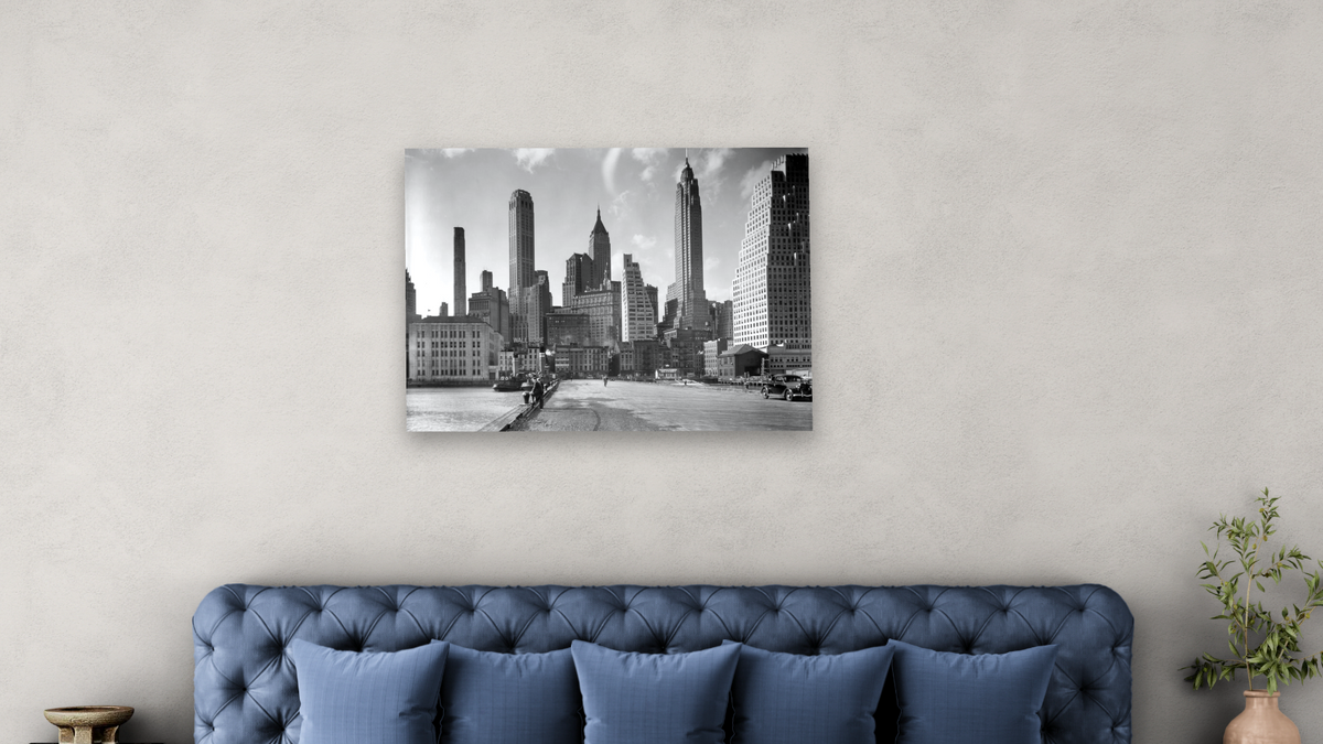 Manhattan Skyline: I. South Street and Jones Lane, Manhattan by Berenice Abbott, shown at 30 × 40 in (76.2 × 101.6 cm) as gallery-wrapped canvas, bedroom