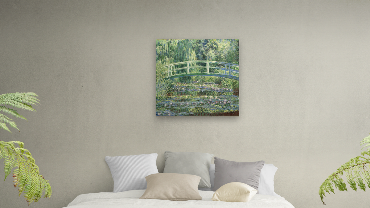 Water Lilies and Japanese Bridge by Claude Monet, shown at 32 × 32 in (81.3 × 81.3 cm) as gallery-wrapped canvas, bedroom