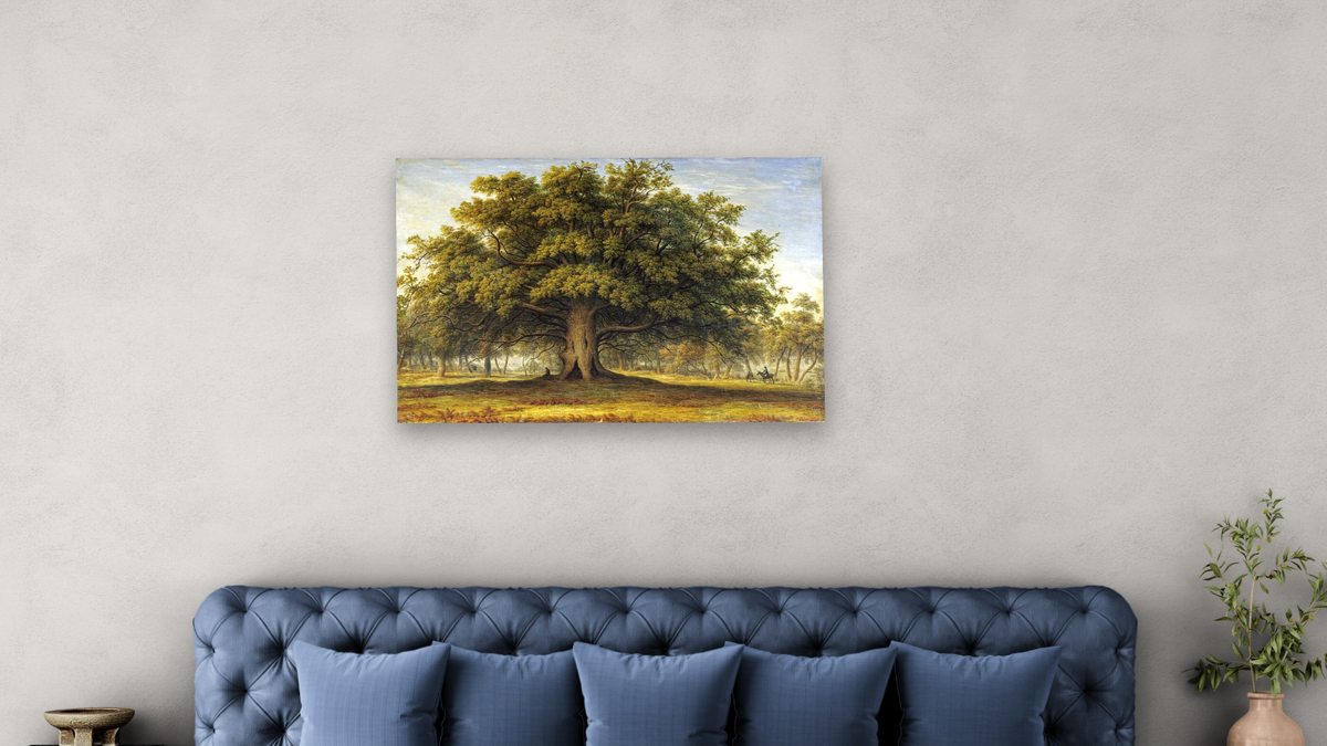 The Beggars Oak by John Glover, shown at 28 × 42 in (71.1 × 106.7 cm) as gallery-wrapped canvas, bedroom