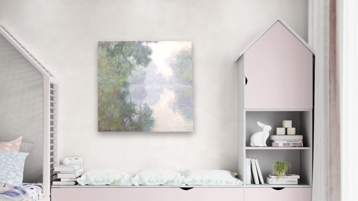 The Seine at Giverny, Morning Mists by Claude Monet, shown at 32 × 32 in (81.3 × 81.3 cm) as gallery-wrapped canvas, bedroom