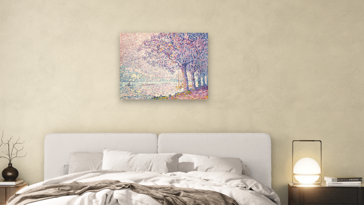The Seine at St. Cloud by Paul Signac, shown at 32 × 40 in (81.3 × 101.6 cm) as gallery-wrapped canvas, bedroom
