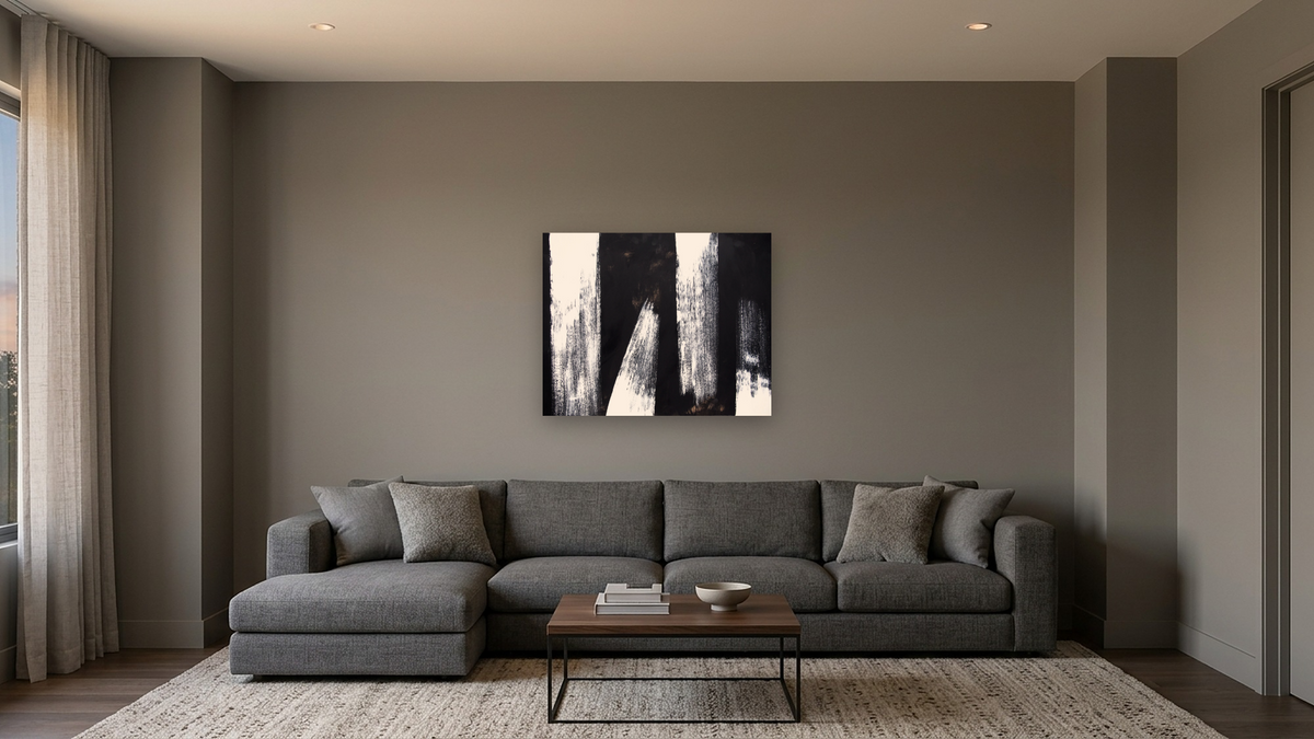 Black and White 7, shown at 32 × 40 in (81.3 × 101.6 cm) as gallery-wrapped canvas, media room