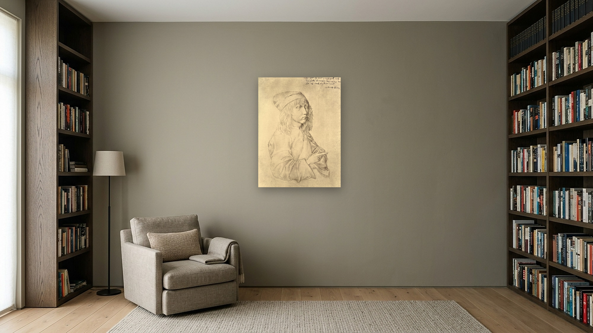 Self portrait at the age of thirteen by Albrecht Dürer, shown at 30 × 40 in (76.2 × 101.6 cm) as gallery-wrapped canvas, library