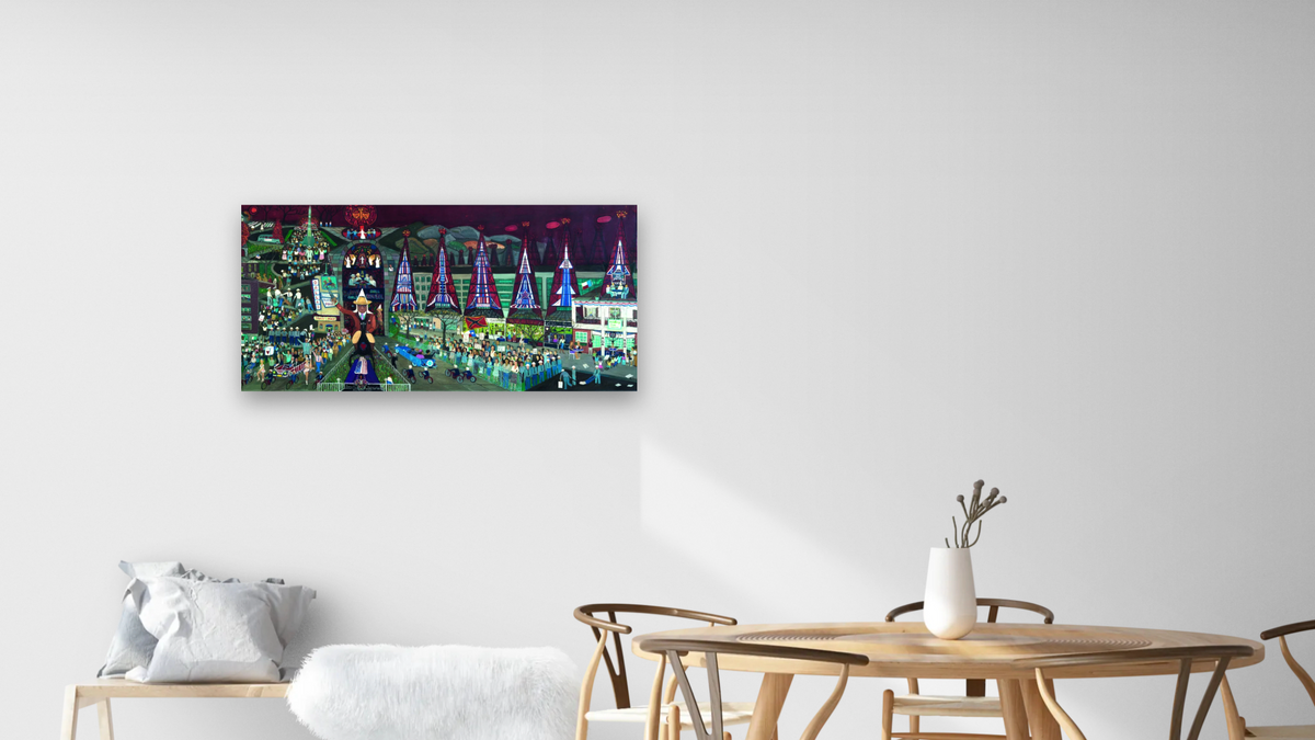 American Tragedy by Ralph Fasanella, shown at 20 × 40 in (50.8 × 101.6 cm) as gallery-wrapped canvas, dining