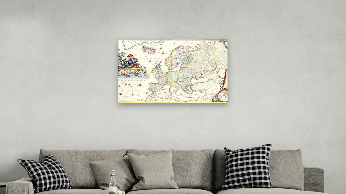 Map of Europe by Cornelis Danckerts, shown at 28 × 42 in (71.1 × 106.7 cm) as gallery-wrapped canvas, living