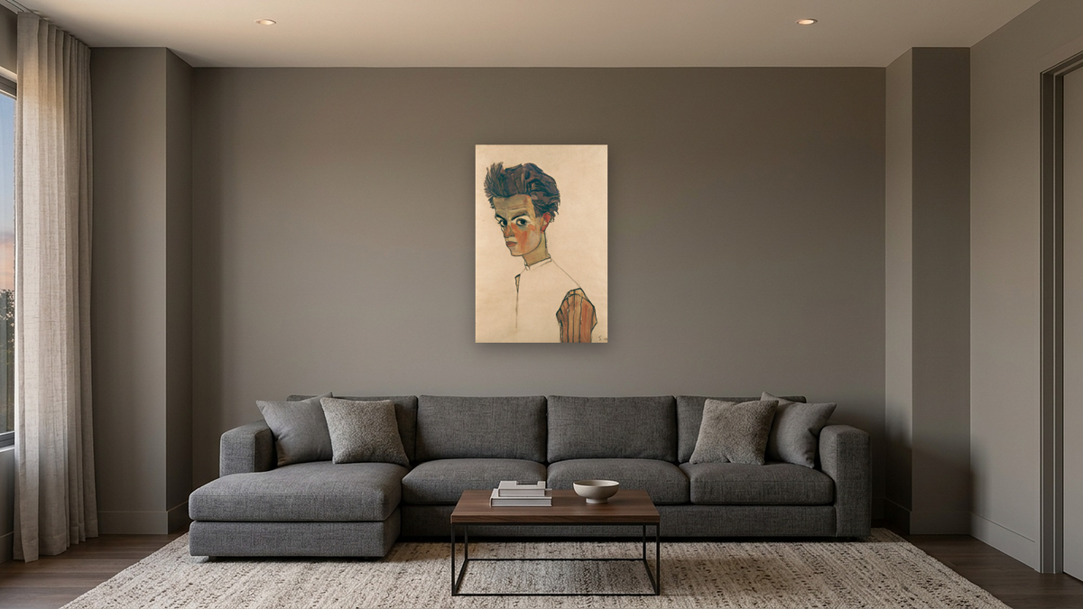 Self-Portrait with Striped Shirt by Egon Schiele, shown at 28 × 42 in (71.1 × 106.7 cm) as gallery-wrapped canvas, media room