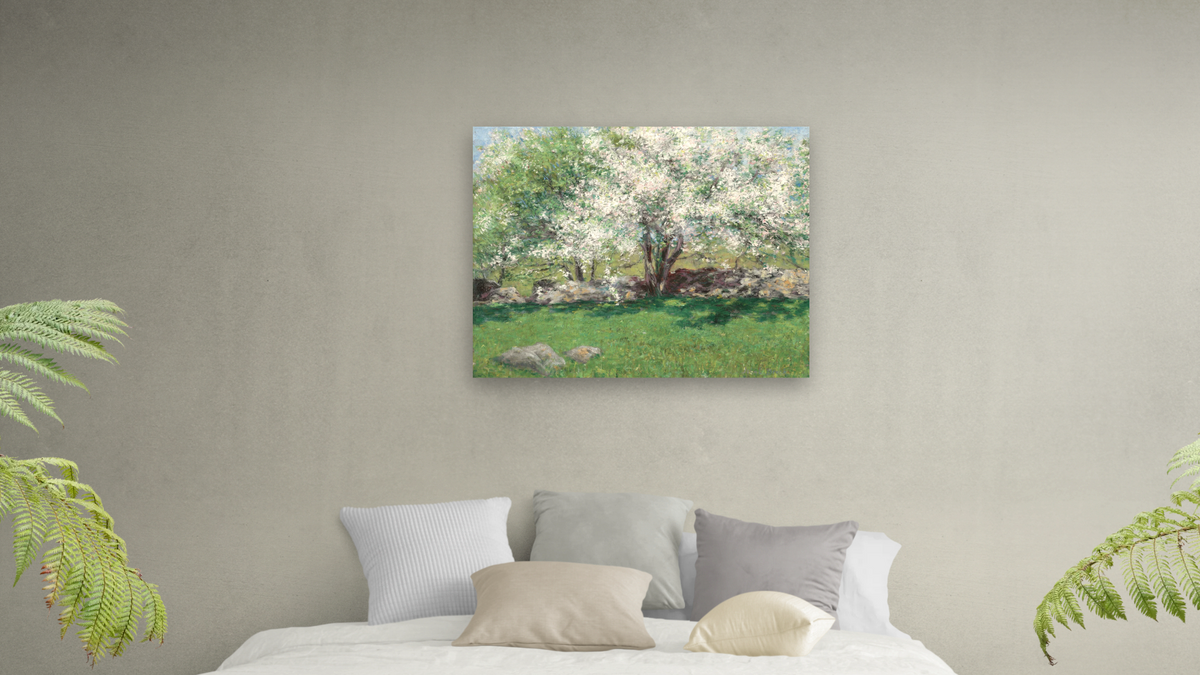 Apple Trees by John Leslie Breck, shown at 32 × 40 in (81.3 × 101.6 cm) as gallery-wrapped canvas, bedroom