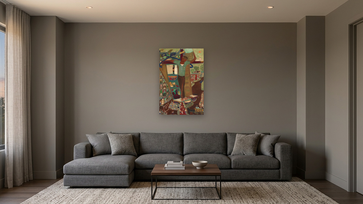 Iceman Crucified #4 by Ralph Fasanella, shown at 28 × 42 in (71.1 × 106.7 cm) as gallery-wrapped canvas, media room