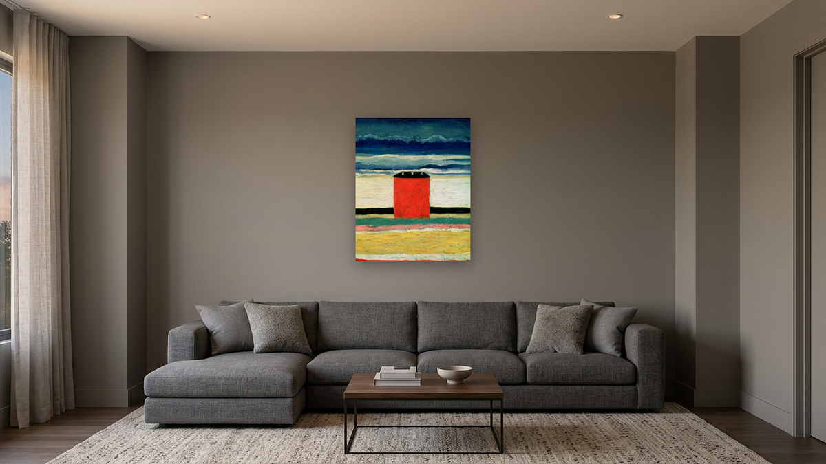 Red House by Kazimir Malevich, shown at 32 × 40 in (81.3 × 101.6 cm) as gallery-wrapped canvas, media room