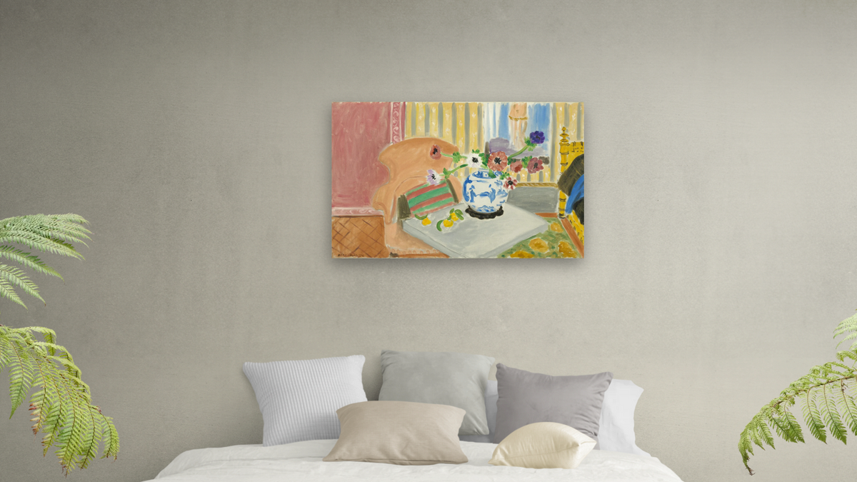Anemones and Chinese Vase, by Henri Matisse, shown at 28 × 42 in (71.1 × 106.7 cm) as gallery-wrapped canvas, bedroom