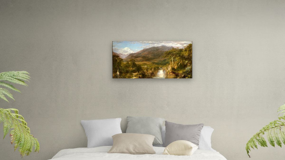 Heart of the Andes by Frederic Edwin Church, shown at 20 × 40 in (50.8 × 101.6 cm) as gallery-wrapped canvas, bedroom