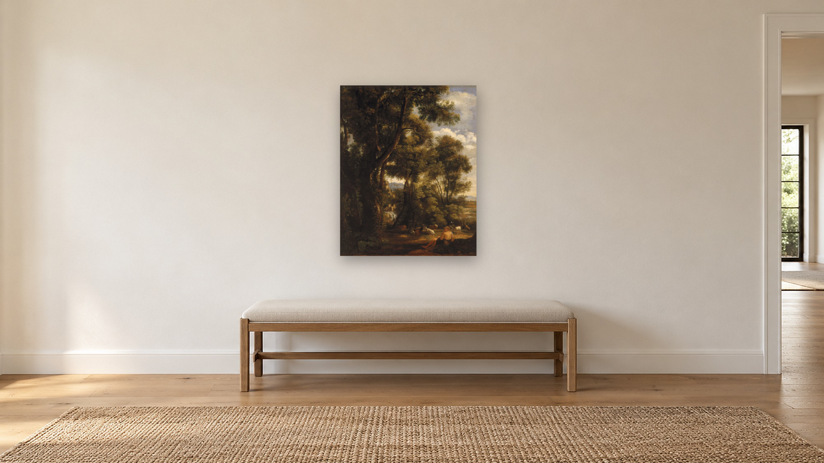 Landscape with goatherd and goats by John Constable, shown at 32 × 40 in (81.3 × 101.6 cm) as gallery-wrapped canvas, hallway