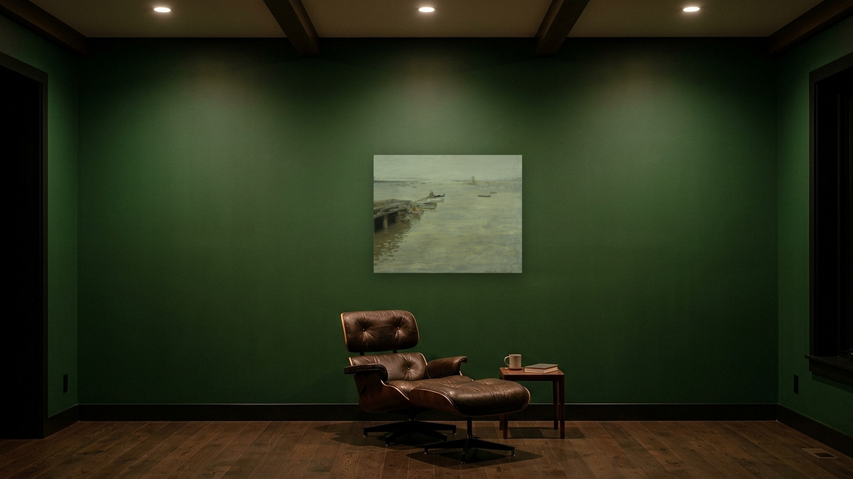 A Gray Day by William Merritt Chase, shown at 32 × 40 in (81.3 × 101.6 cm) as gallery-wrapped canvas, den