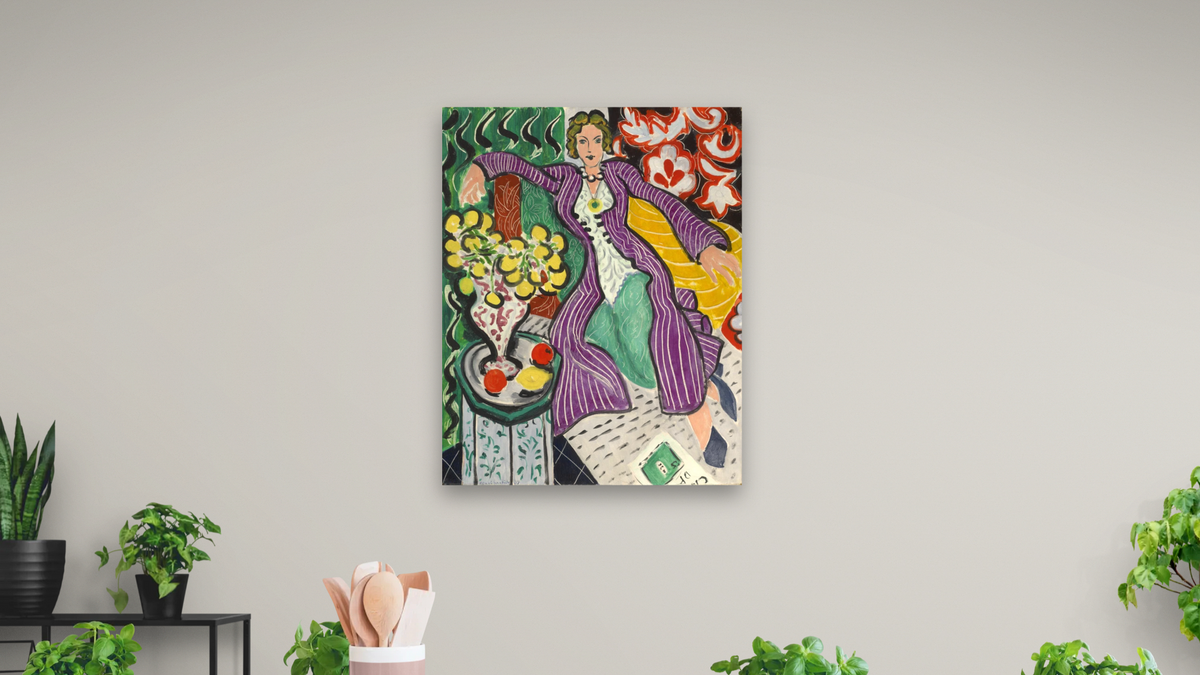 Woman in a Purple Coat by Henri Matisse, shown at 32 × 40 in (81.3 × 101.6 cm) as gallery-wrapped canvas, dining