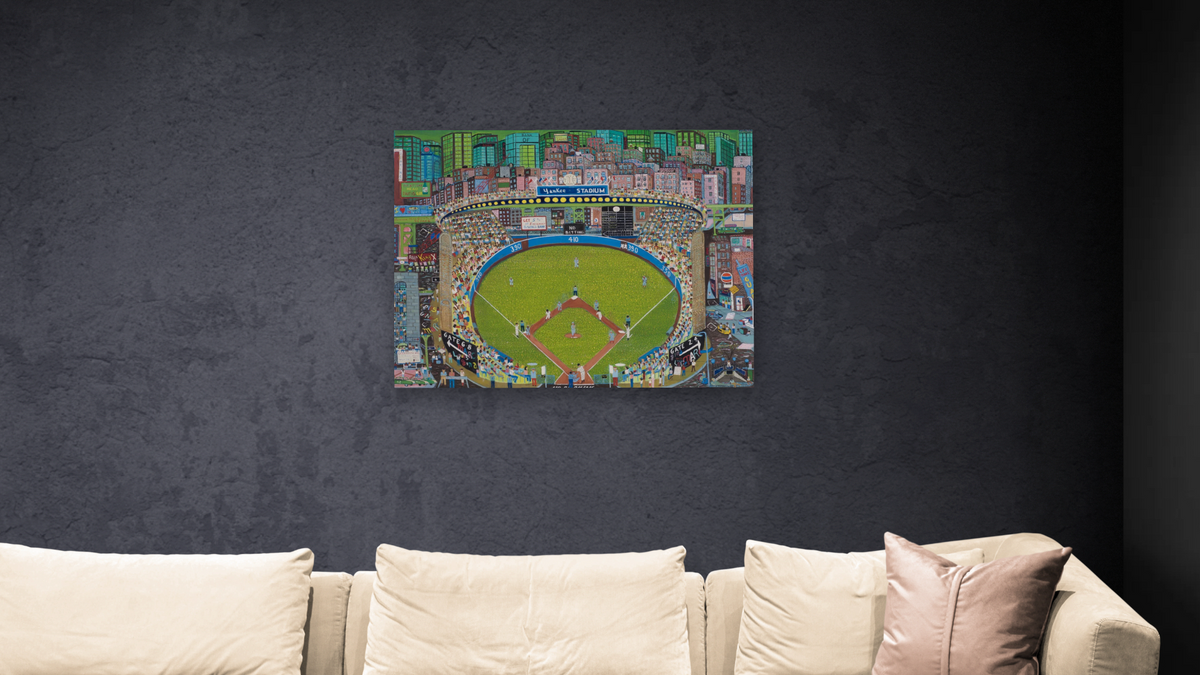 Night Game - Yankee Stadium by Ralph Fasanella, shown at 32 × 40 in (81.3 × 101.6 cm) as gallery-wrapped canvas, living