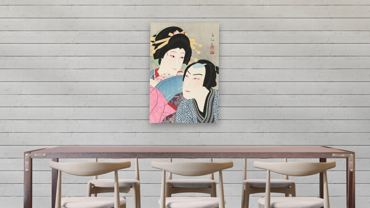 The Actors Ichikawa Shocho II as Umegawa and Kataoka Gado IV as Chubei by Natori Shunsen, shown at 28 × 42 in (71.1 × 106.7 cm) as gallery-wrapped canvas, dining