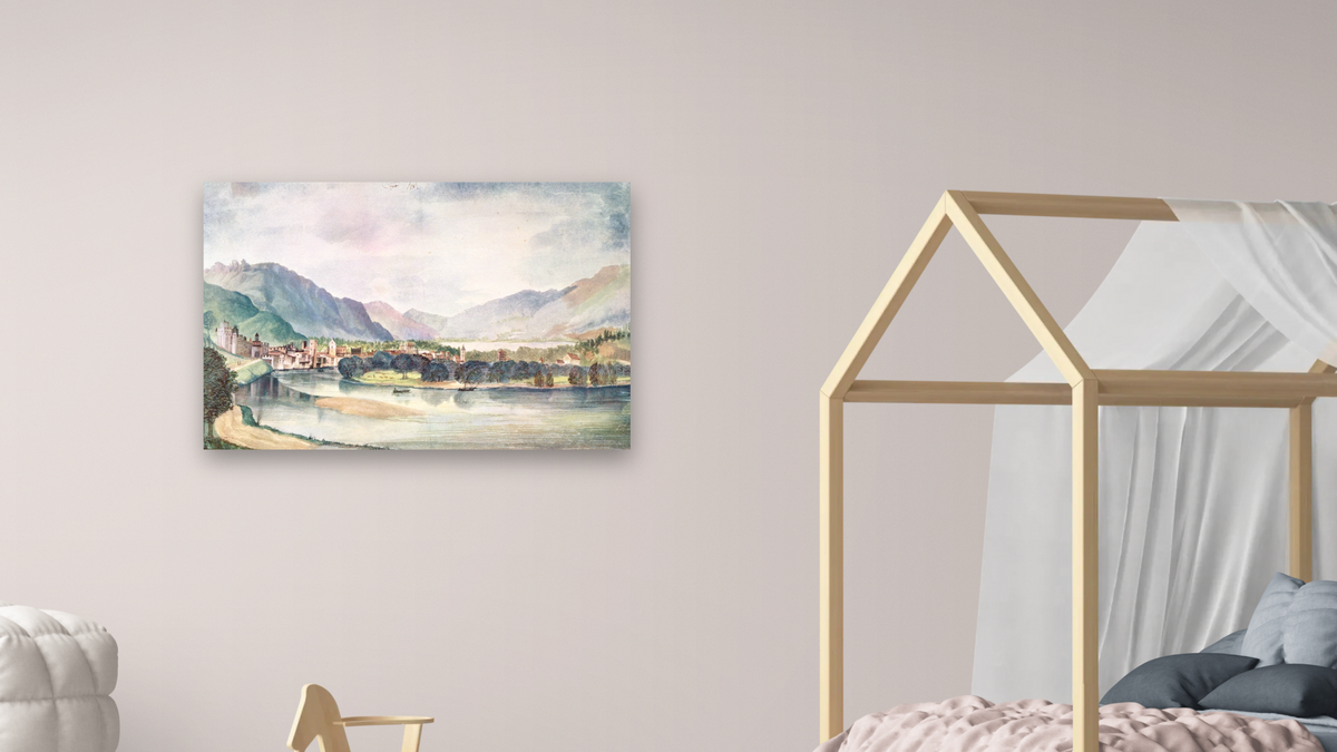 View of Trente by Albrecht Dürer, shown at 28 × 42 in (71.1 × 106.7 cm) as gallery-wrapped canvas, bedroom