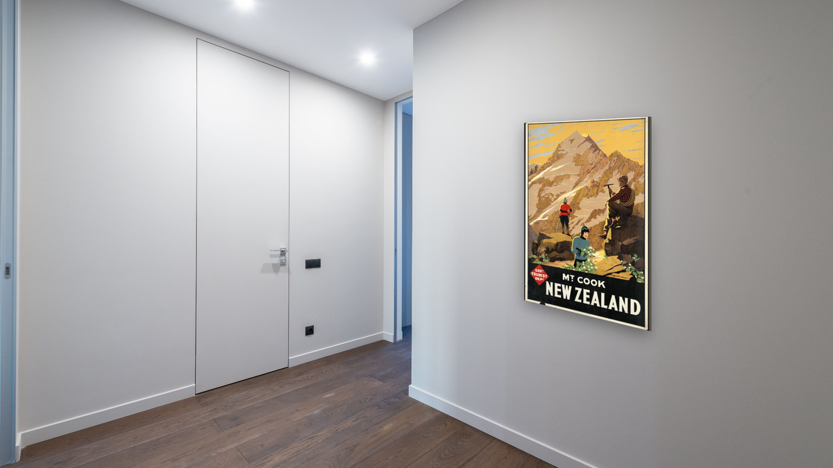 BPL Travel Posters, shown at 28 × 42 in (71.1 × 106.7 cm) as gallery-wrapped canvas, hallway