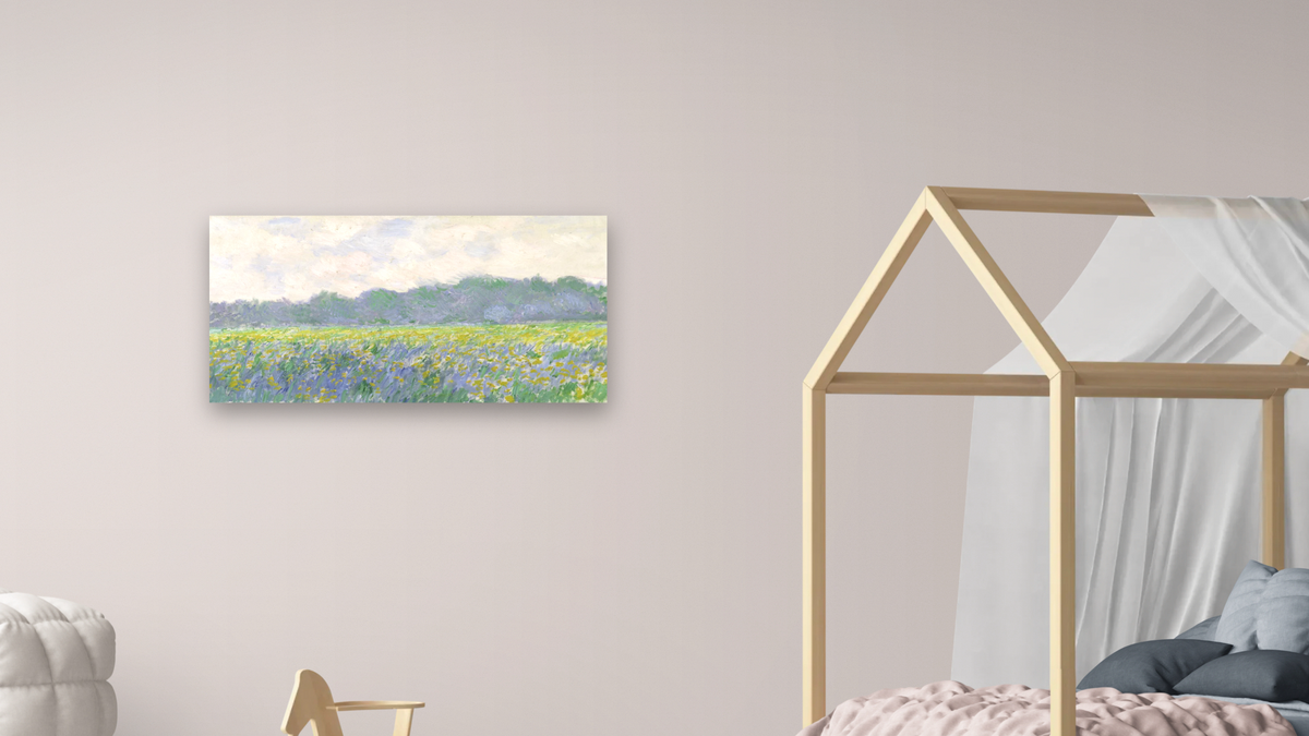 Field of Yellow Irises at Giverny by Claude Monet, shown at 20 × 40 in (50.8 × 101.6 cm) as gallery-wrapped canvas, bedroom