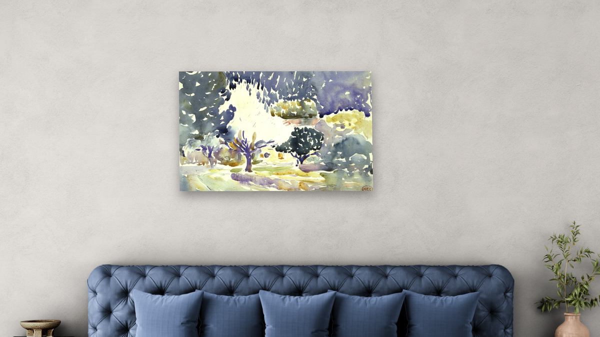 Landscape c. 1906 by Henri Edmond Cross, shown at 28 × 42 in (71.1 × 106.7 cm) as gallery-wrapped canvas, bedroom