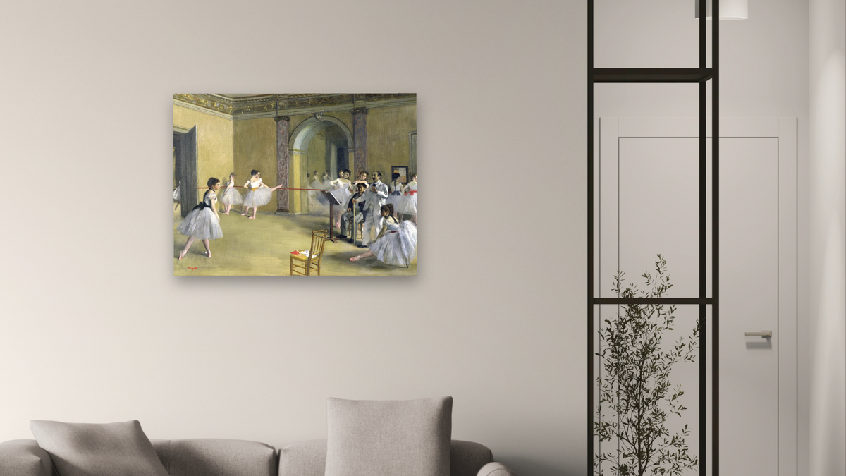 The Dance Foyer at the Opera on the rue Le Peletier by Edgar Degas, shown at 30 × 40 in (76.2 × 101.6 cm) as gallery-wrapped canvas, living