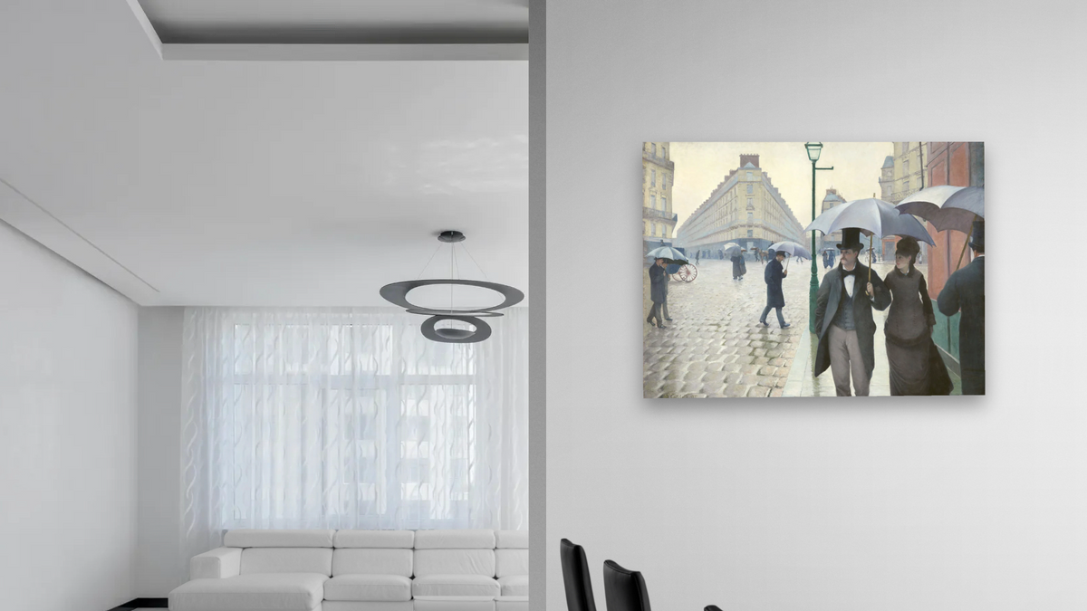 Paris Street in Rainy Weather by Gustave Caillebotte, shown at 30 × 40 in (76.2 × 101.6 cm) as gallery-wrapped canvas, dining