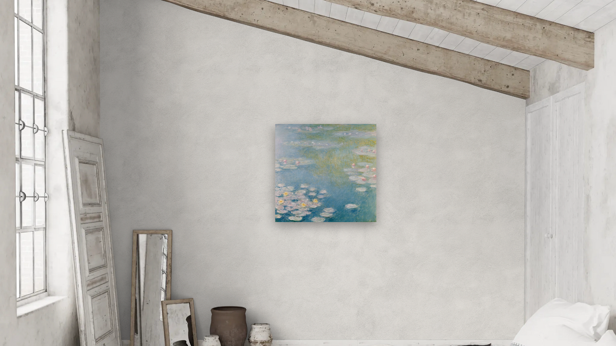 Nympheas at Giverny by Claude Monet, shown at 32 × 32 in (81.3 × 81.3 cm) as gallery-wrapped canvas, bedroom