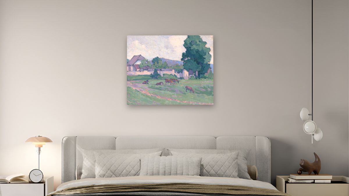 The Homestead by Robert Polhill Bevan, shown at 32 × 40 in (81.3 × 101.6 cm) as gallery-wrapped canvas, bedroom