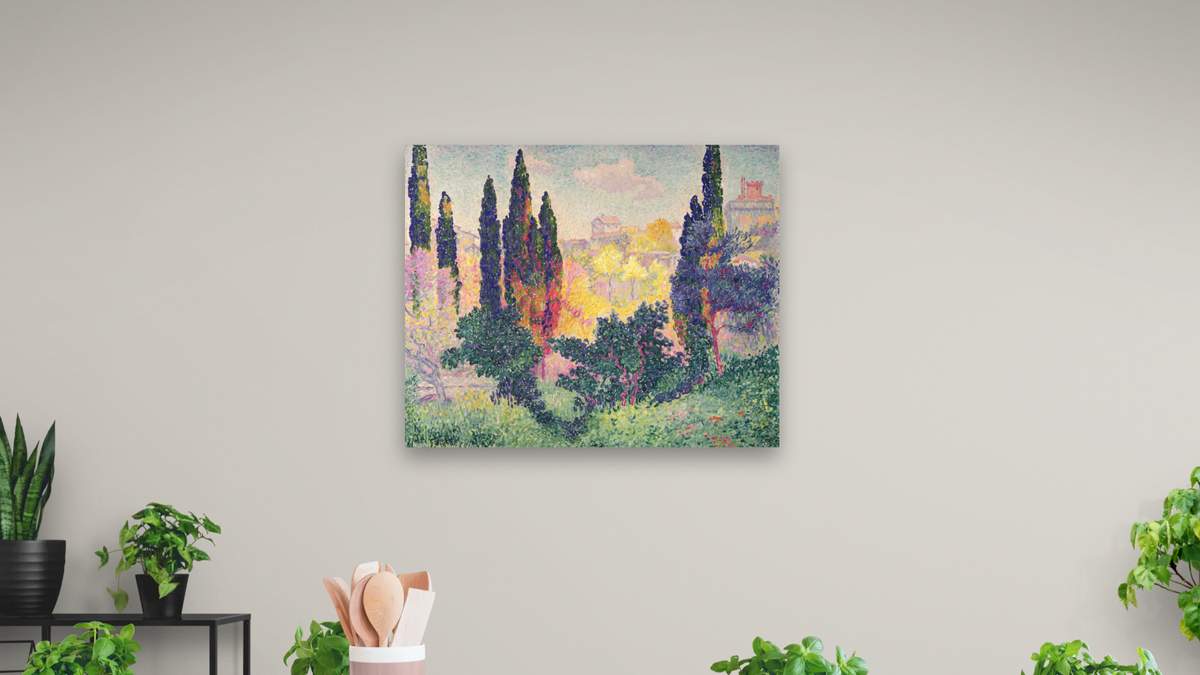 The Cypresses at Cagnes by Henri Edmond Cross, shown at 32 × 40 in (81.3 × 101.6 cm) as gallery-wrapped canvas, dining