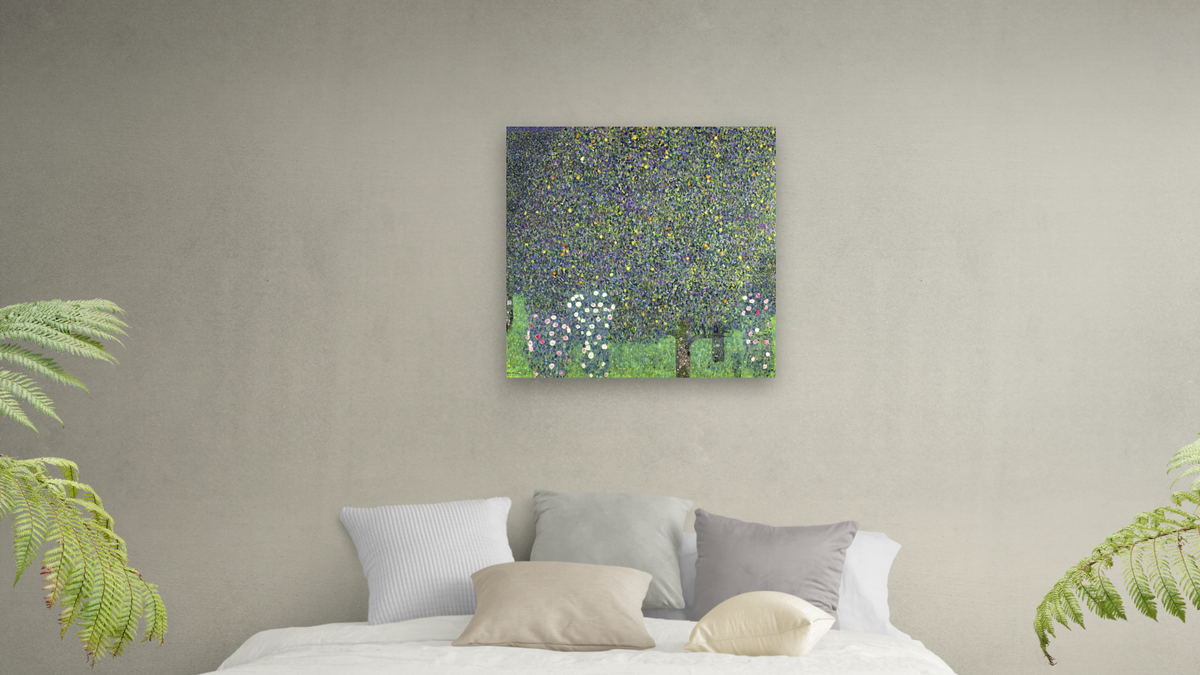 Roses under the Trees by Gustav Klimt, shown at 32 × 32 in (81.3 × 81.3 cm) as gallery-wrapped canvas, bedroom