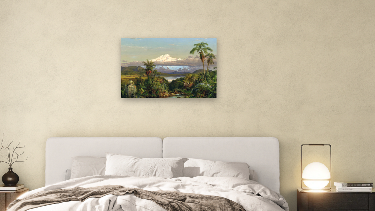Cayambe by Frederic Edwin Church, shown at 28 × 42 in (71.1 × 106.7 cm) as gallery-wrapped canvas, bedroom