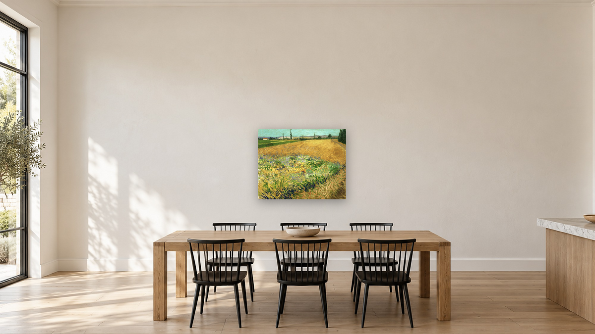 Wheatfield by Vincent van Gogh, shown at 32 × 40 in (81.3 × 101.6 cm) as gallery-wrapped canvas, kitchen