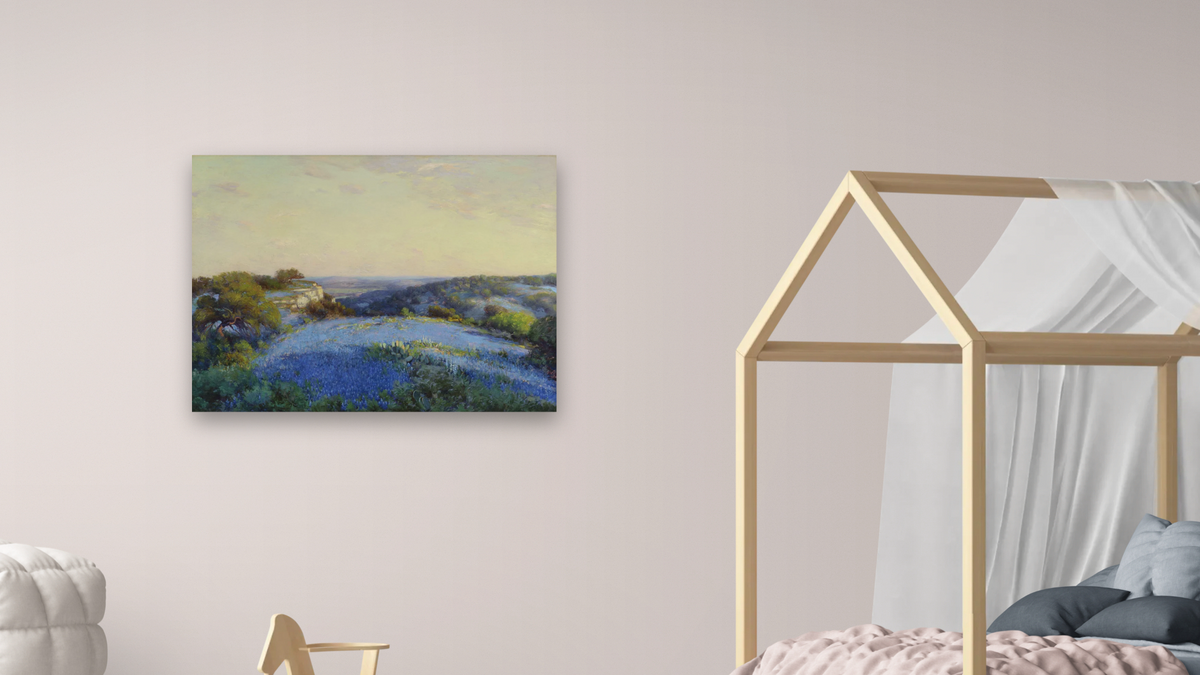 Near San Antonio by Julian Onderdonk, shown at 30 × 40 in (76.2 × 101.6 cm) as gallery-wrapped canvas, bedroom