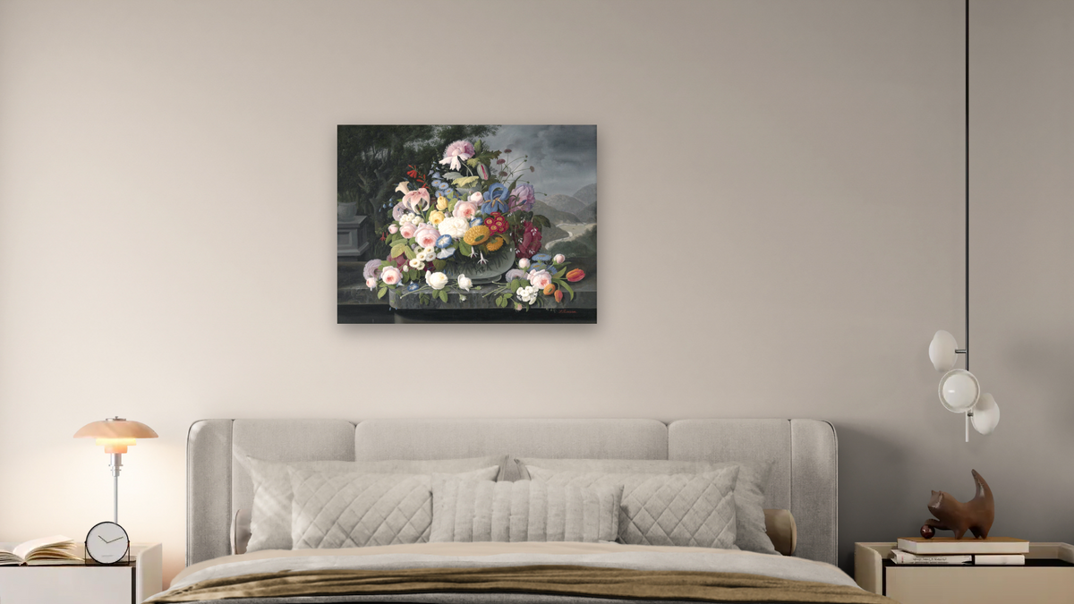 Still Life with Flowers and a Landscape by Severin Roesen, shown at 32 × 40 in (81.3 × 101.6 cm) as gallery-wrapped canvas, bedroom