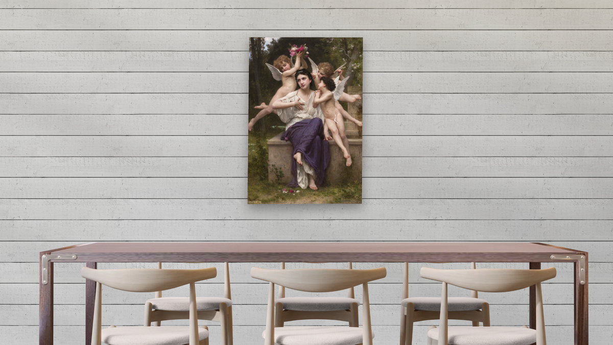 Dream of Spring (Reve de printemps) by William-Adolphe Bouguereau, shown at 28 × 42 in (71.1 × 106.7 cm) as gallery-wrapped canvas, dining