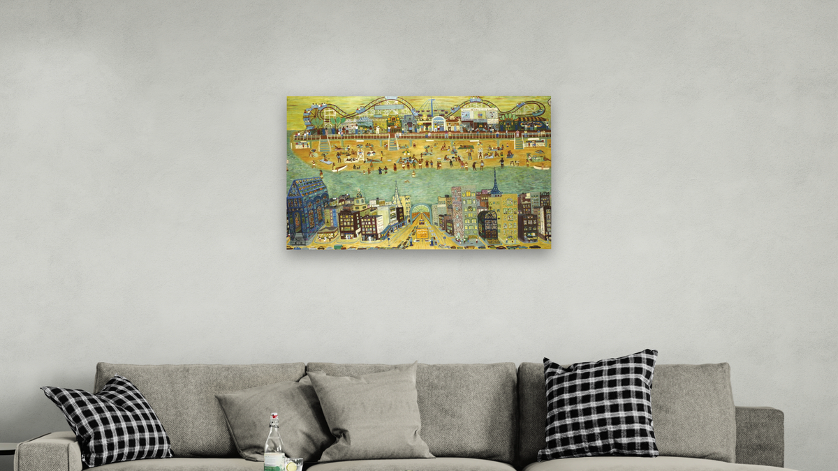 Workers' Holiday at Coney Island by Ralph Fasanella, shown at 28 × 42 in (71.1 × 106.7 cm) as gallery-wrapped canvas, living