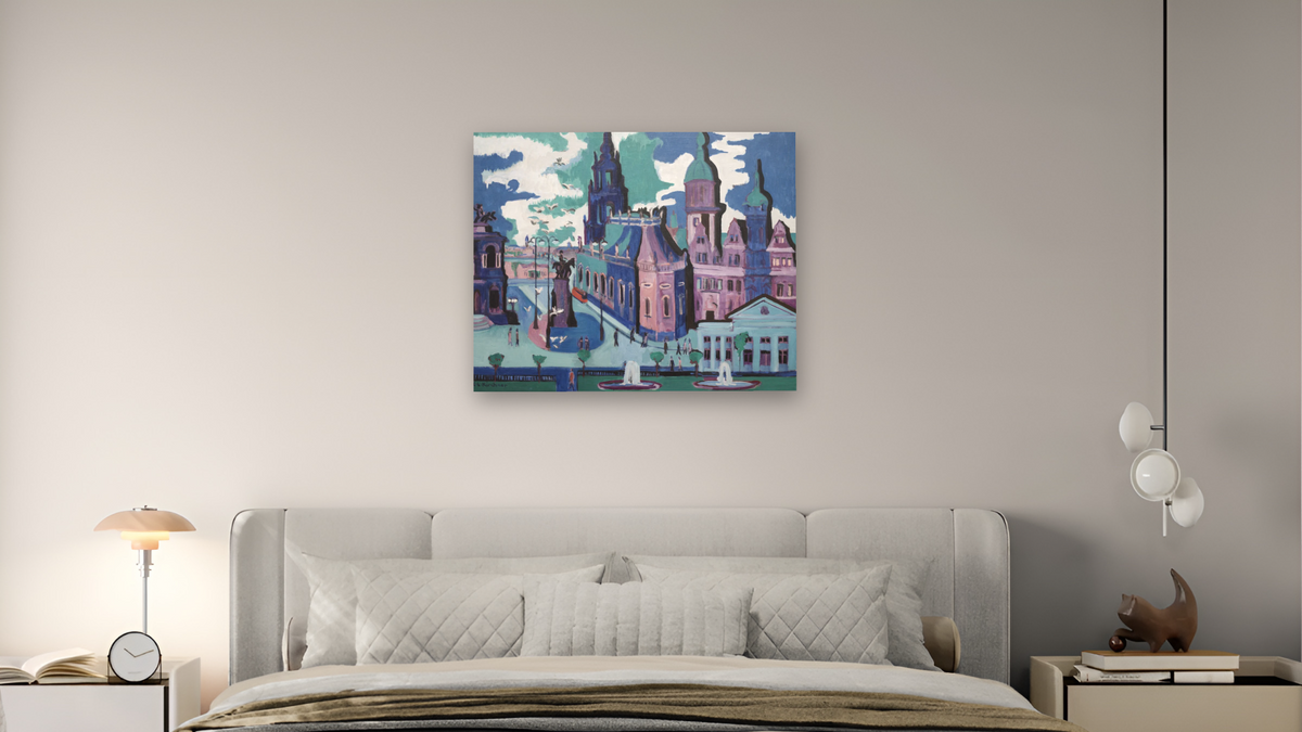 View of Dresden:  Schlossplatz by Ernst Ludwig Kirchner, shown at 32 × 40 in (81.3 × 101.6 cm) as gallery-wrapped canvas, bedroom