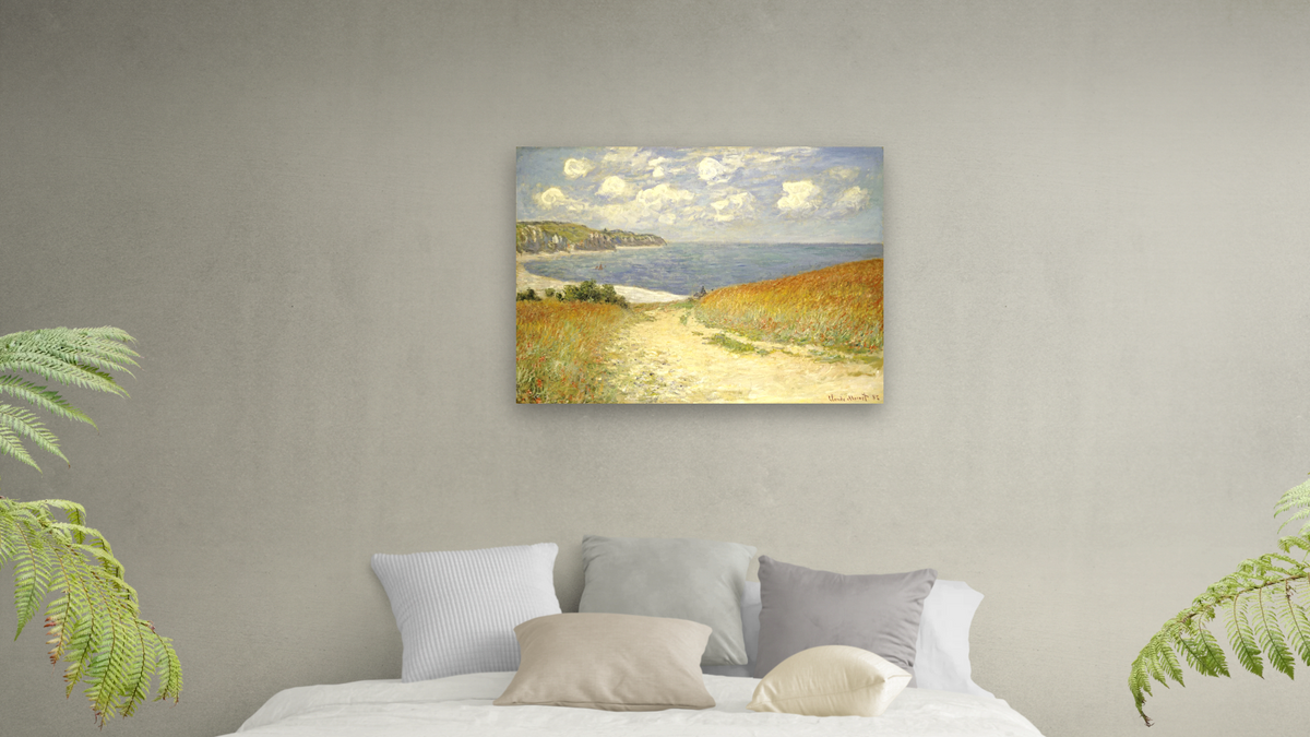 Path In The Wheat at Pourville by Claude Monet, shown at 30 × 40 in (76.2 × 101.6 cm) as gallery-wrapped canvas, bedroom