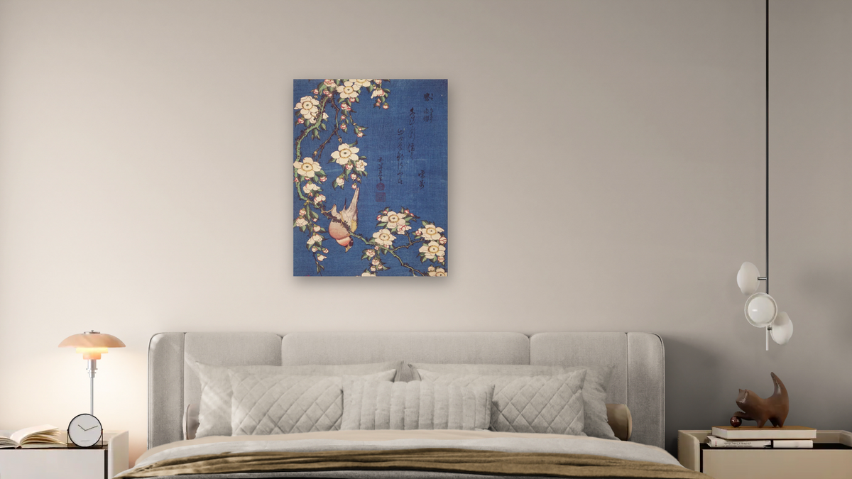 Bullfinch and Weeping Cherry by Katsushika Hokusai, shown at 30 × 40 in (76.2 × 101.6 cm) as gallery-wrapped canvas, bedroom