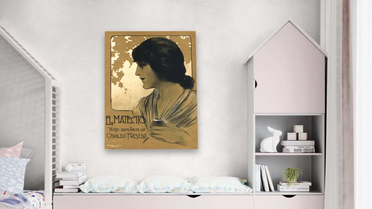 El Matecito Music Sheet Cover, shown at 30 × 40 in (76.2 × 101.6 cm) as gallery-wrapped canvas, bedroom