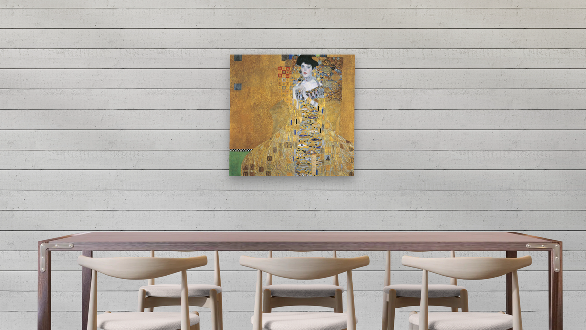 Portrait of Adele Bloch-Bauer I by Gustav Klimt, shown at 32 × 32 in (81.3 × 81.3 cm) as gallery-wrapped canvas, dining